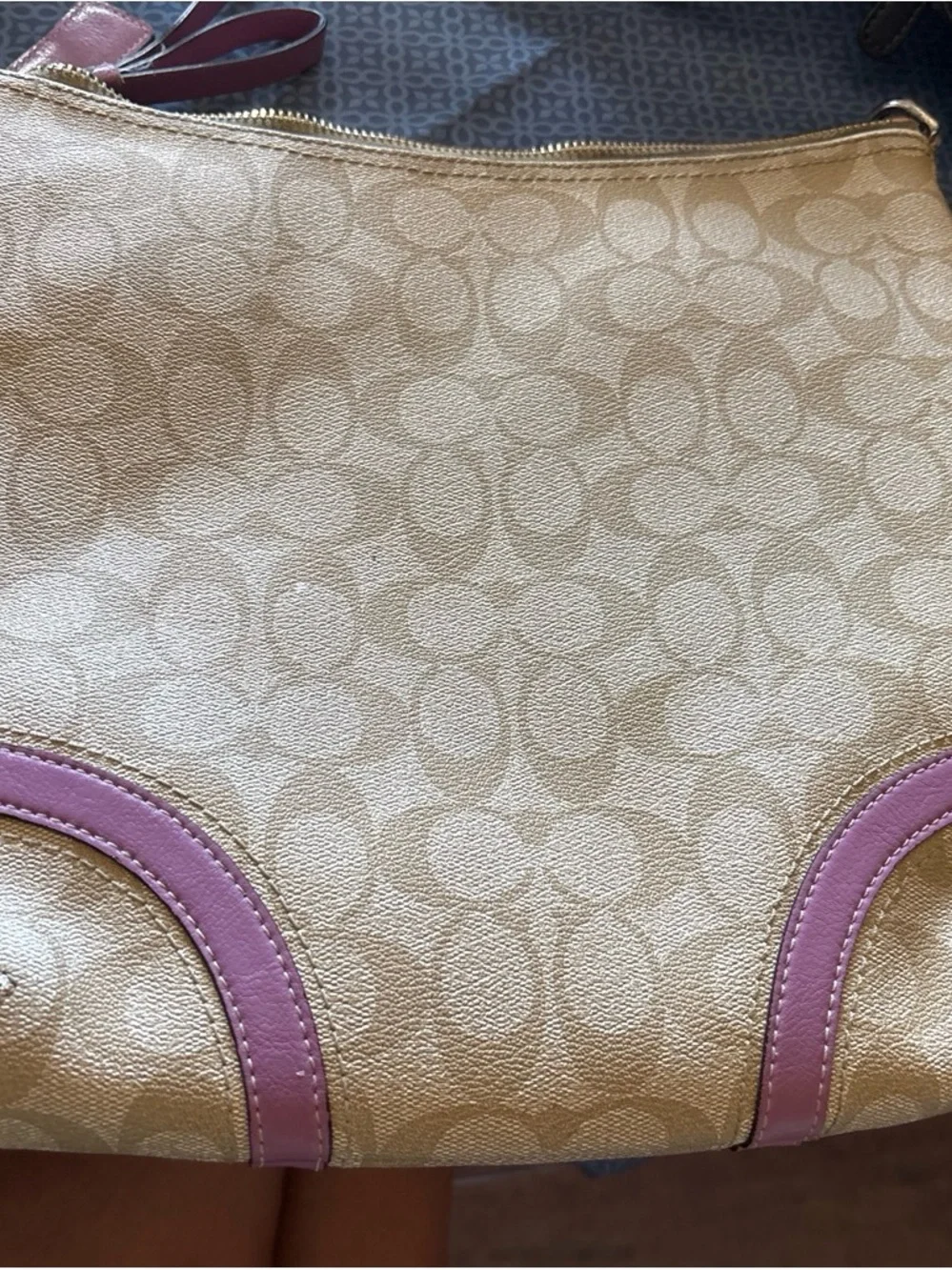 Coach Beige Signature Canvas Shoulder Bag with Pink Trim